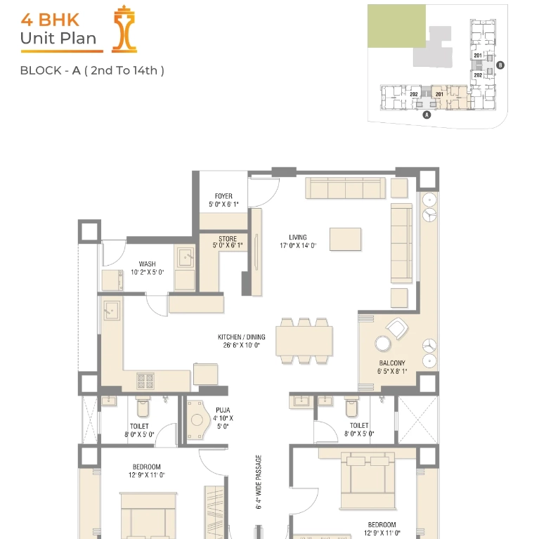 4 BHK UNIT PLAN - BLOCK-A (2nd To 14th)