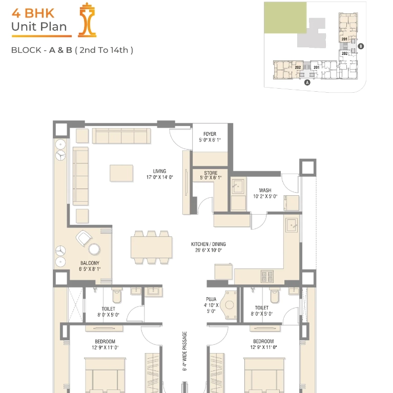 4 BHK UNIT PLAN - BLOCK-A & B (2nd To 14th)