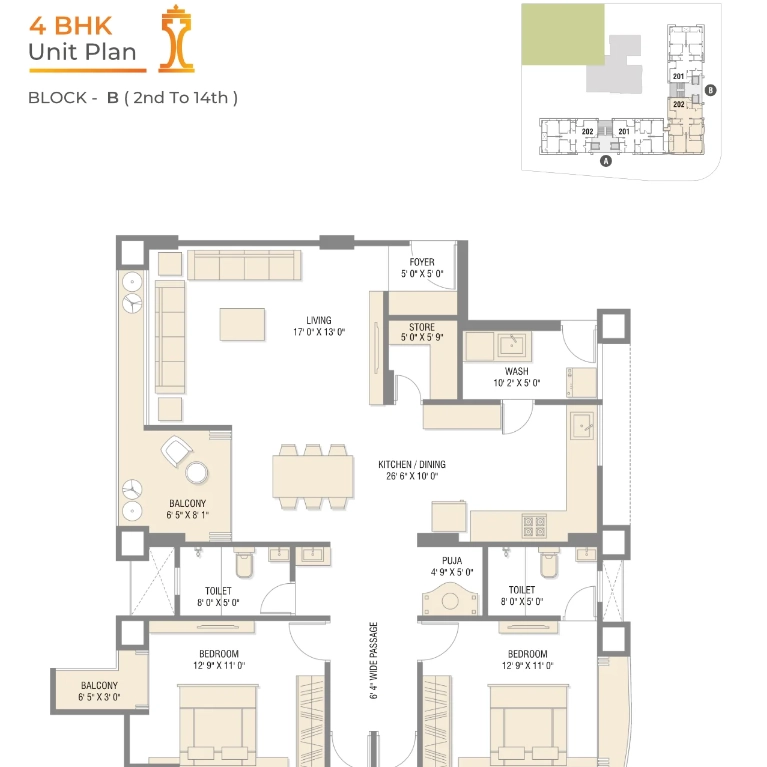 4 BHK UNIT PLAN - BLOCK-B (2nd To 14th)